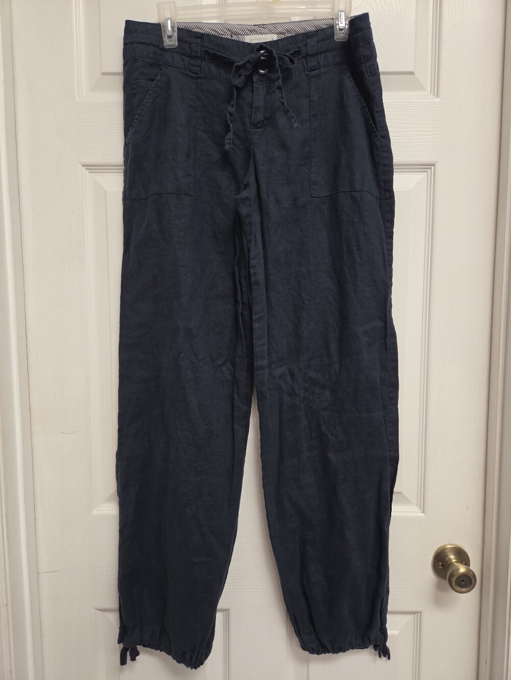 Linen-Blend Love Tree Blue Drawstring Pants
